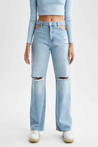 90's Geniş Paça Yırtık Detaylı Bel Dekolteli Yüksek Bel Jean %100 Pamuk Pantolon