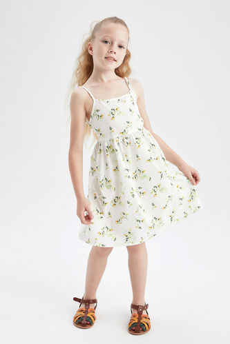 Kız Çocuk Çiçekli Askılı Poplin Elbise