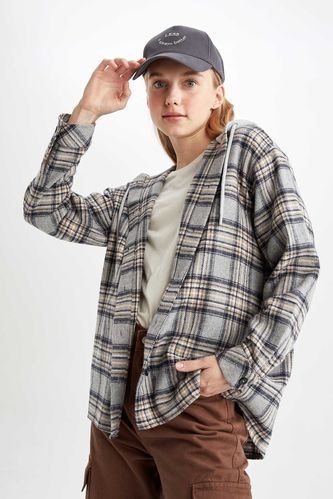 Coool Oversize Fit Flanel Hooded Long Sleeve Tunic
