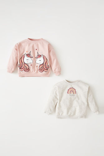 Baby Girl Regular Fit Crew Neck Unicorn Printed 2-Pack Sweatshirt
