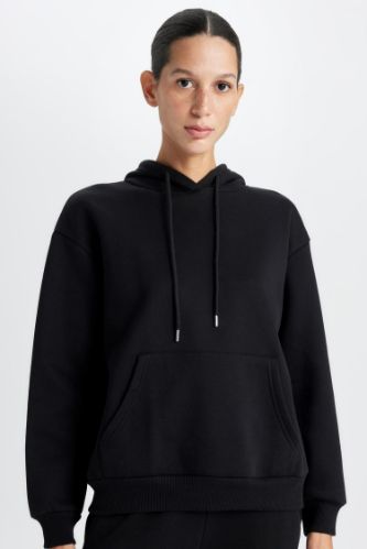 Relax Fit Kapüşonlu Kanguru Cepli Kalın Basic Düz Siyah Sweatshirt