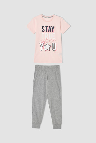 Kız Çocuk Slogan Baskılı Kısa Kollu Pijama Takım