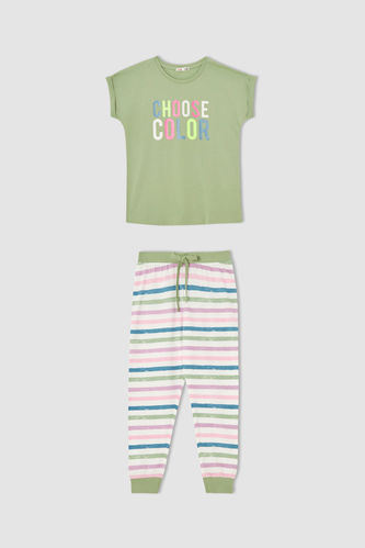 Kız Çocuk Slogan Baskılı Kısa Kollu Pijama Takımı