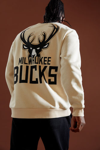 Defacto Fit NBA Milwaukee Bucks Lisanslı Bisiklet Yaka Sırt Baskılı İçi Yumuşak Tüylü Sweatshirt