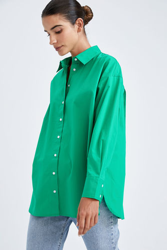 Green Woman Oversize Fit Shirt Collar Poplin Long Sleeve Tunic 2687058 ...