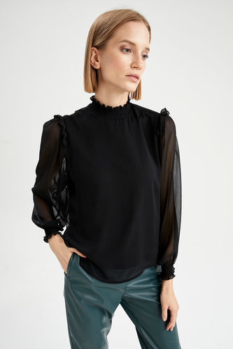 Long Sleeve Tulle Detailed Blouse