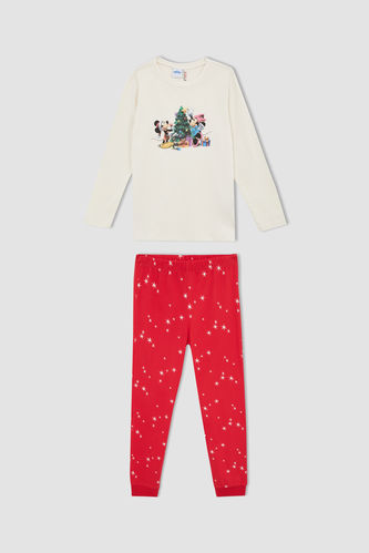 Kız Çocuk Disney Mickey & Minnie Lisanslı Regular Fit Yılbaşı Temalı Uzun Kollu Pijama Takım