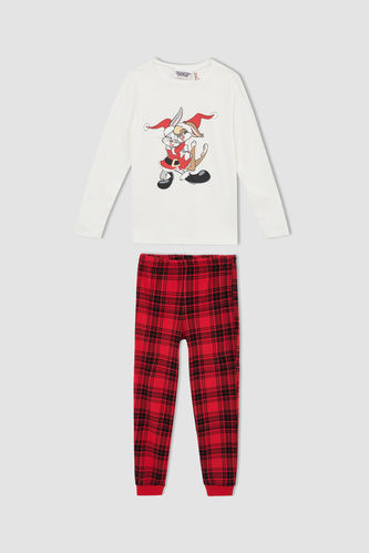 Kız Çocuk Looney Tunes Lisanslı Yılbaşı Temalı Kareli Uzun Kollu Pijama Takım
