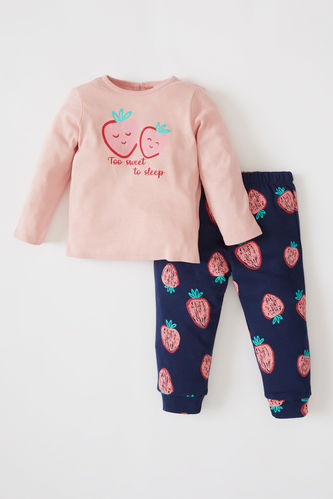 Kız Bebek Çilek Desenli Uzun Kollu Pamuklu Pijama Takım