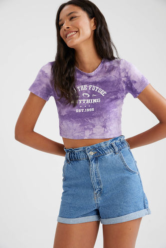 Batik Slogan Baskılı Slim Fit Crop Tişört