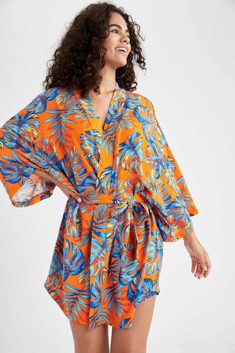 Tropik Desenli Kuşaklı Yazlık Kimono