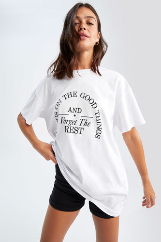 Slogan Baskılı Kısa Kollu Oversize Fit %100 Pamuk Tişört