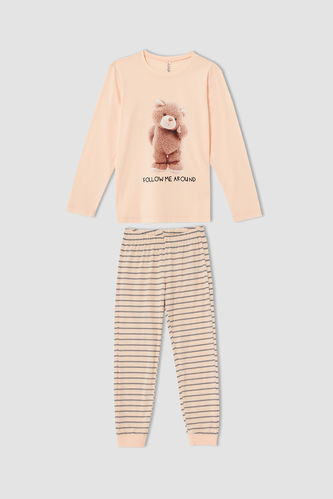 Kız Çocuk Ayıcık Baskılı Uzun Kollu Pijama Takımı