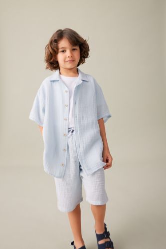 Erkek Çocuk Oversize Geniş Kalıp Polo Yaka Müslin Kısa Kollu Gömlek