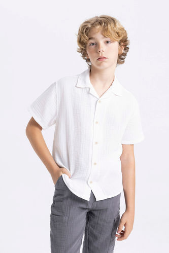 Boy Oversize Fit Polo Neck Muslin Short Sleeve Shirt