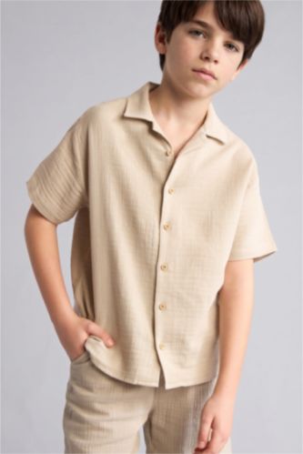 Erkek Çocuk - Genç Erkek Bej Oversize Kısa kollu Müslin Gömlek Erkek Çocuk