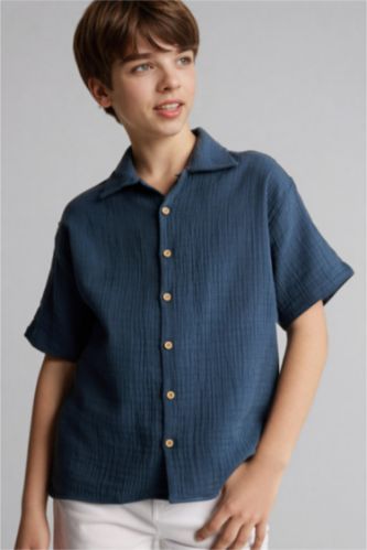 Erkek Çocuk - Genç Erkek İndigo Oversıze Müslin Gömlek 