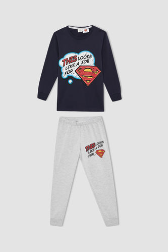 Erkek Çocuk Süperman Lisanslı Pamuklu Uzun Kollu Pijama Takım