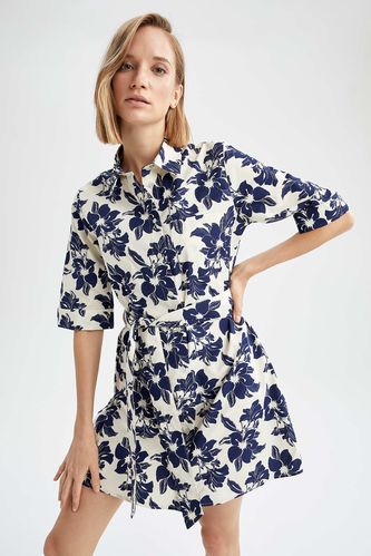 Çiçekli Kuşak Detaylı Relax Fit Kısa Kollu Poplin Gömlek %100 Pamuk Elbise