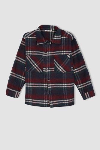 Boy Long Sleeve Square Print Flannel Shirt