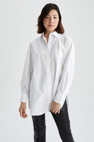 Oversize Fit Shirt Collar Poplin Long Sleeve Cotton Tunic