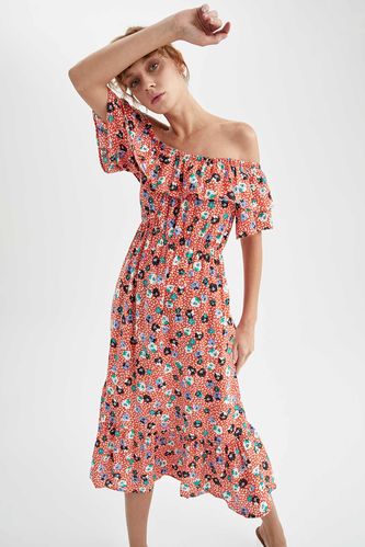 Çiçekli Carmen Yaka Midi Elbise