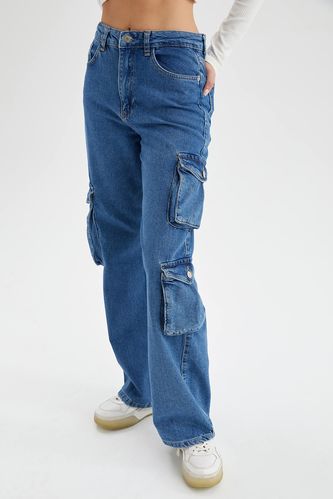 Geniş Paça Kargo Cepli Yüksek Bel Jean %100 Pamuk Pantolon