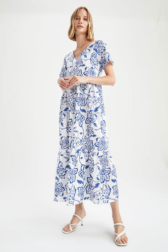 Çiçekli Düğmeli V Yaka Beli Bağcıklı Kısa Kollu Maxi Elbise