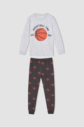 Erkek Çocuk Bisiklet Yaka Basket Topu Baskılı Uzun Kollu Pijama Takım