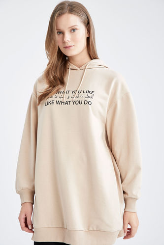 Oversize Fit Hooded Slogan Printed Long Sleeve Slim Sweatshirt Fabric Sweat Tunic