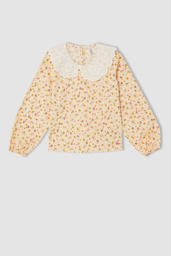 Kız Çocuk Regular Fit Çiçekli Geniş Yakalı Poplin Bluz