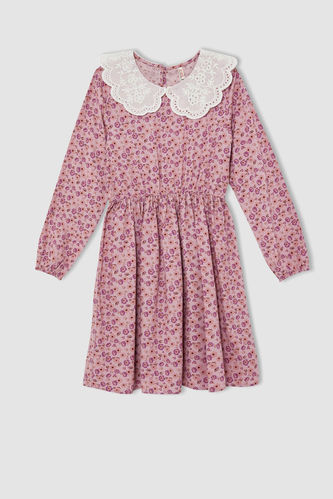 Girl Long Sleeve Flower Print Mini Dress