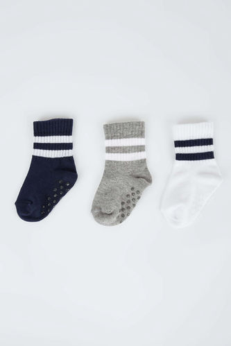 Baby Boy Patterned Non-Slip Sole Cotton 3 Pack Long Socks