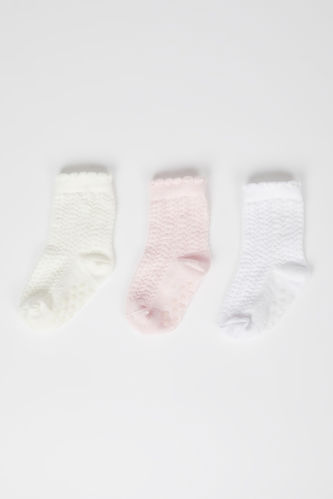 Kız Bebek Pamuklu Kaydırmaz Tabanlı 3'lü Uzun Çorap