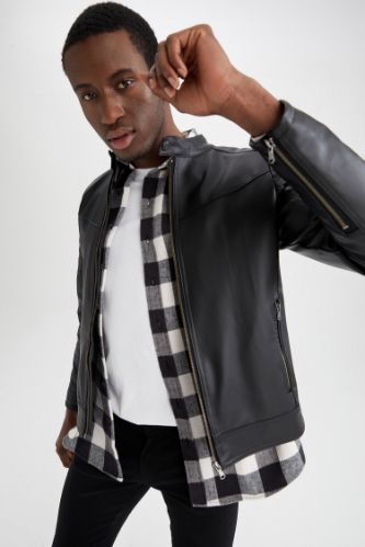 Checkered faux outlet leather jacket