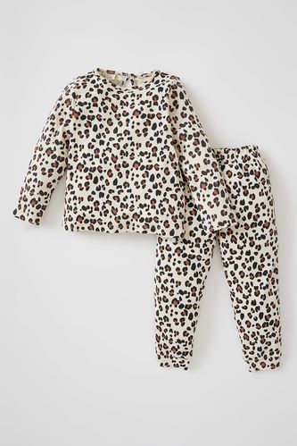 Kız Bebek Leopar Desenli Pamuklu Uzun Kollu Pijama Takım