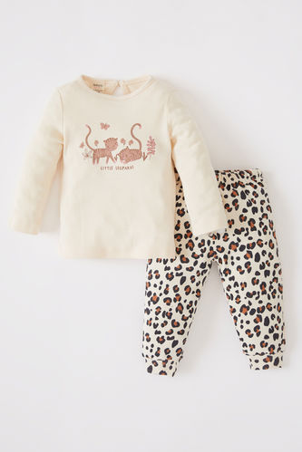 Kız Bebek Leopar Desenli Uzun Kollu Pamuklu Pijama Takım