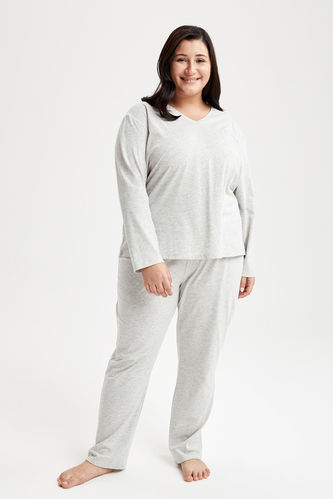 V Yaka Basic Relax Fit Uzun Kollu Büyük Beden Pijama Takımı