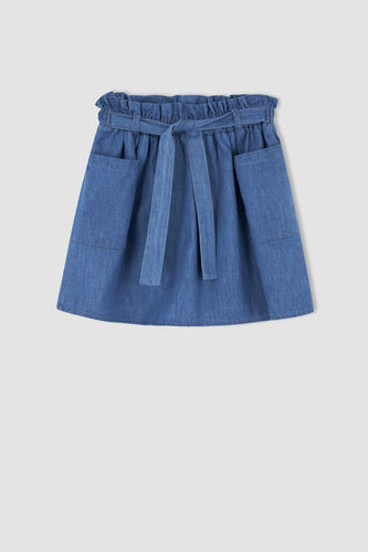 Girl Regular Fit Elastic Waist Belted Jean Skirt