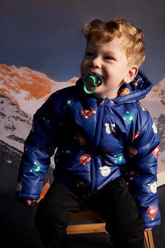 Erkek Bebek Desenli Kapüşonlu İçi Polar Astarlı Mont