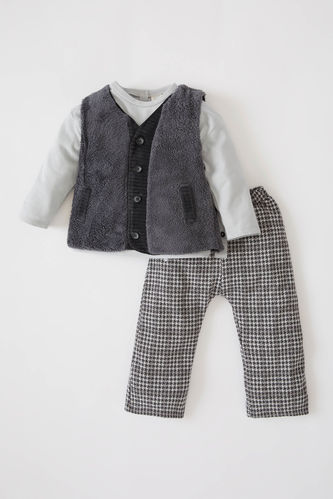 Baby Boy T-Shirt Plush Vest and Square Patterned Trousers Set