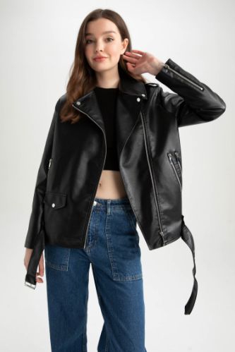 Oversize Fit Suni Deri Fermuarlı Biker Ceket