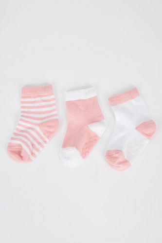 Kız Bebek Pamuklu Kaydırmaz Tabanlı 3'lü Uzun Çorap
