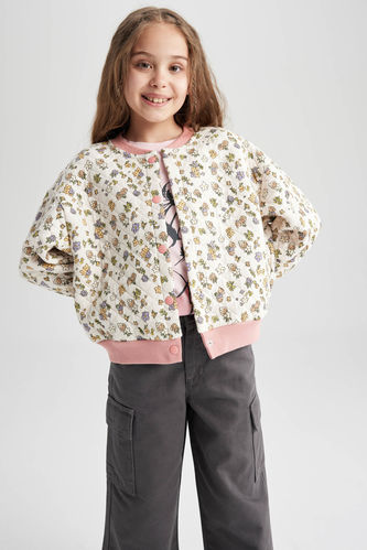 Girl Long Sleeve Floral Print Bomber Jacket