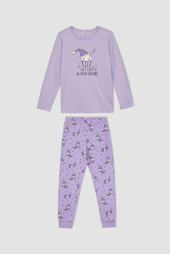 Kız Çocuk Regular Fit Baskılı Uzun Kollu Pamuklu Pijama Takım
