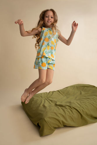 Girl Regular Fit Sleeveless Lemon Print Pyjama Set