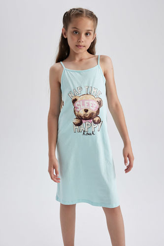 قميص نوم بناتي قطن بحمالات قصة عادية بصورة الدب