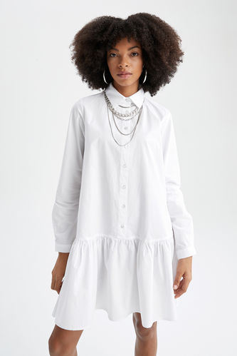 Volan Detaylı Gömlek Yaka Uzun Kollu Poplin Yazlık Gömlek %100 Pamuk Mini Elbise