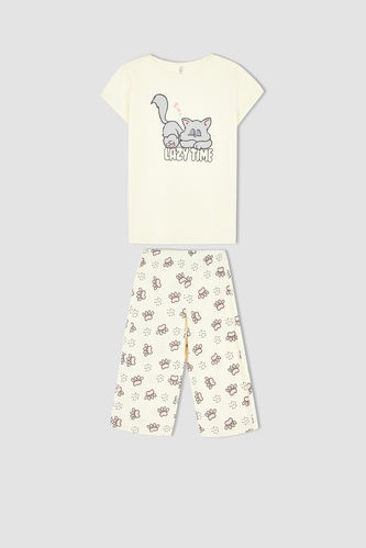 Kız Çocuk Regular Fit Kedi Baskılı Pamuklu Kısa Kollu Kapri Pijama Takım