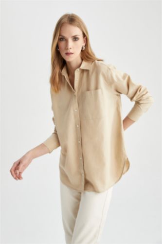 Woman Light Beige Oversize Fit Shirt Collar Linen Long Sleeve Tunic